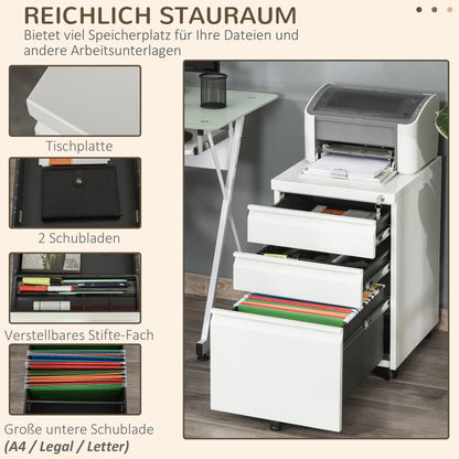 Rollcontainer – Bureaukast – Ladeblok – Kantoorcontainer – Archiefkast – Met 3 Lades – Wit Staal – Lockable – Met Wieltjes – 39x48x60 cm