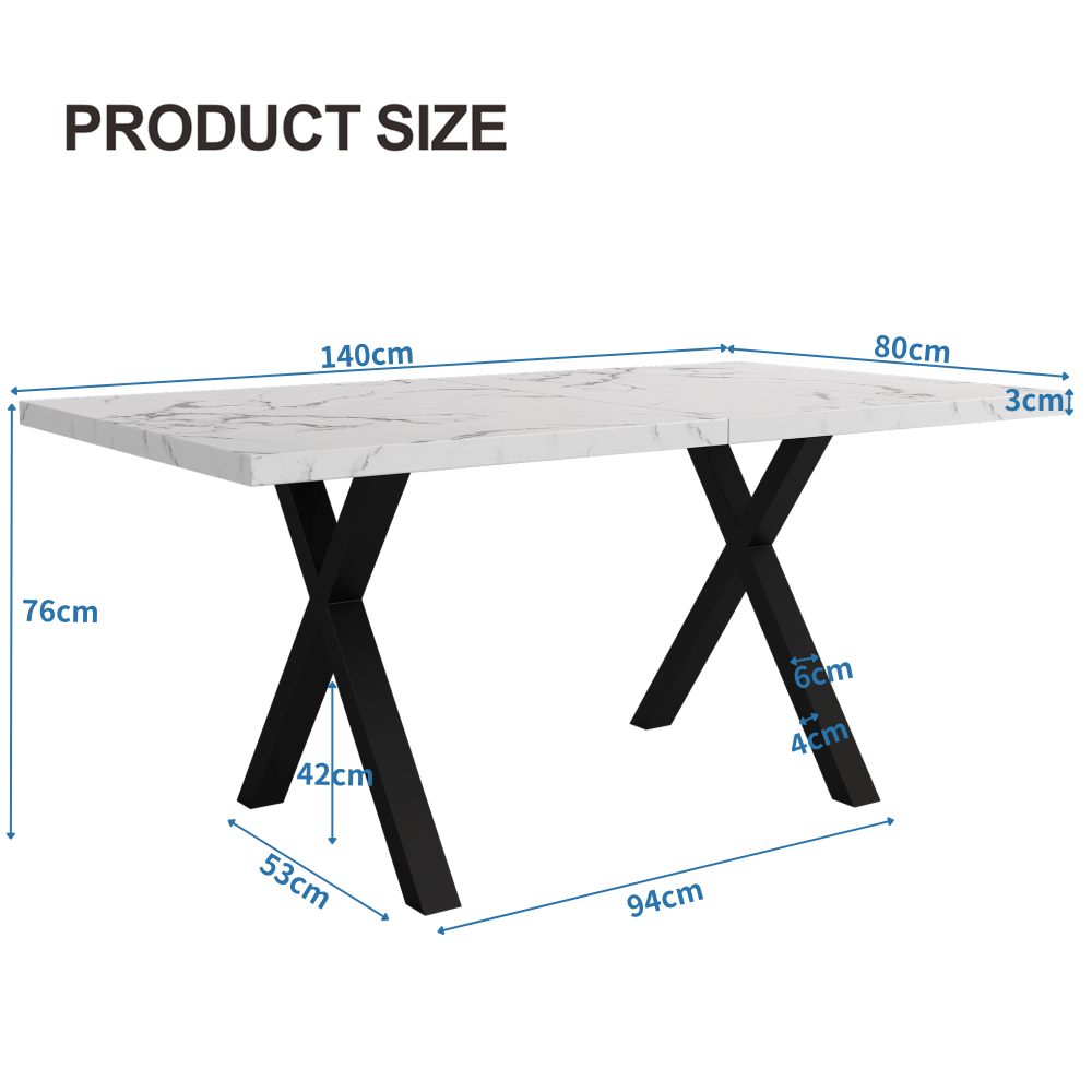Uitbreekbare Eettafel – Uitklapbare Tafel – Verlengbare Tafel – Woonkamer Tafel – Keuken Tafel – Marmerlook Blad – Zwarte Metalen Poten – 140x80x76 cm – Wit MDF