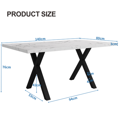 Uitbreekbare Eettafel – Uitklapbare Tafel – Verlengbare Tafel – Woonkamer Tafel – Keuken Tafel – Marmerlook Blad – Zwarte Metalen Poten – 140x80x76 cm – Wit MDF