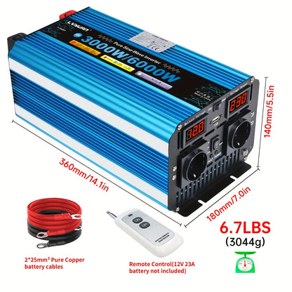Power Inverter – Spanningsomzetter – Omvormer – DC naar AC Converter – 12V Variant – Pure Sinusgolf – 3000W Continuvermogen – 2 AC Stopcontacten – LED Display – Metalen Behuizing