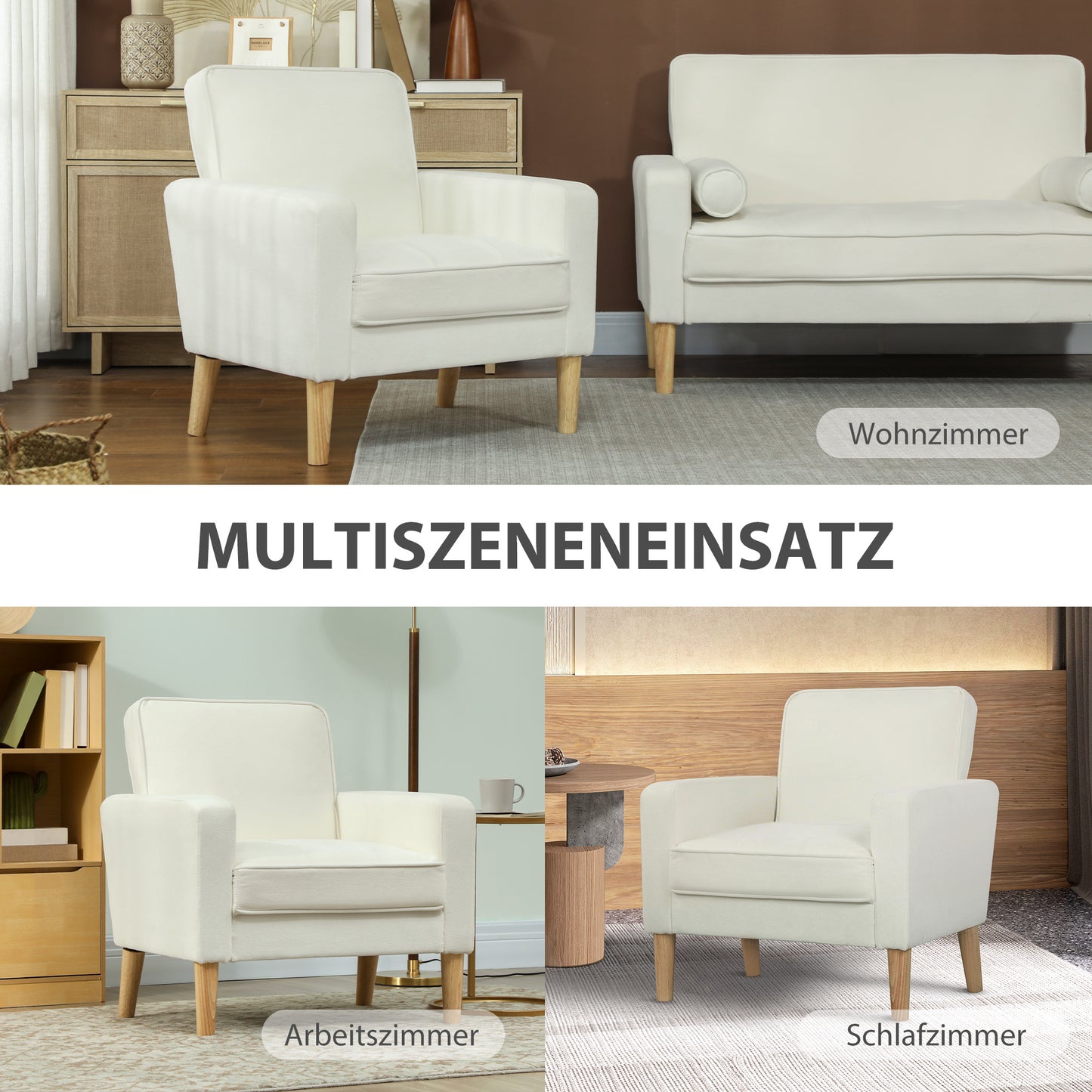 Fauteuil – Armstoel – Lounge Chair – Relaxstoel – Zitstoel – Crèmekleurige Bekleding – Verstelbare Rugleuning – Rubberwood Frame – Comfortabel & Duurzaam