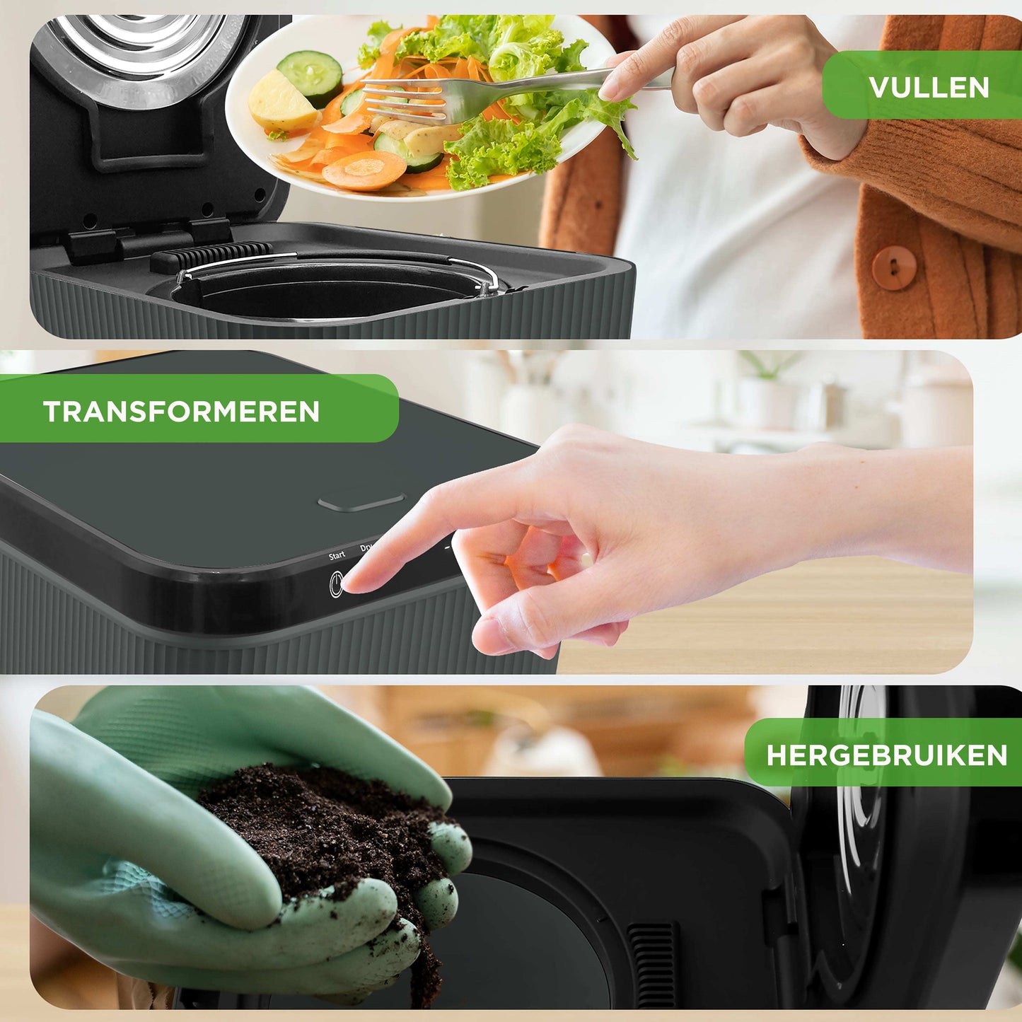 Keukencompostmachine – Compostbak – Composteerder – Afvalvermaler – Compostcontainer – Compact 3 Liter – Geurfilter en Elektriciteitsvrij