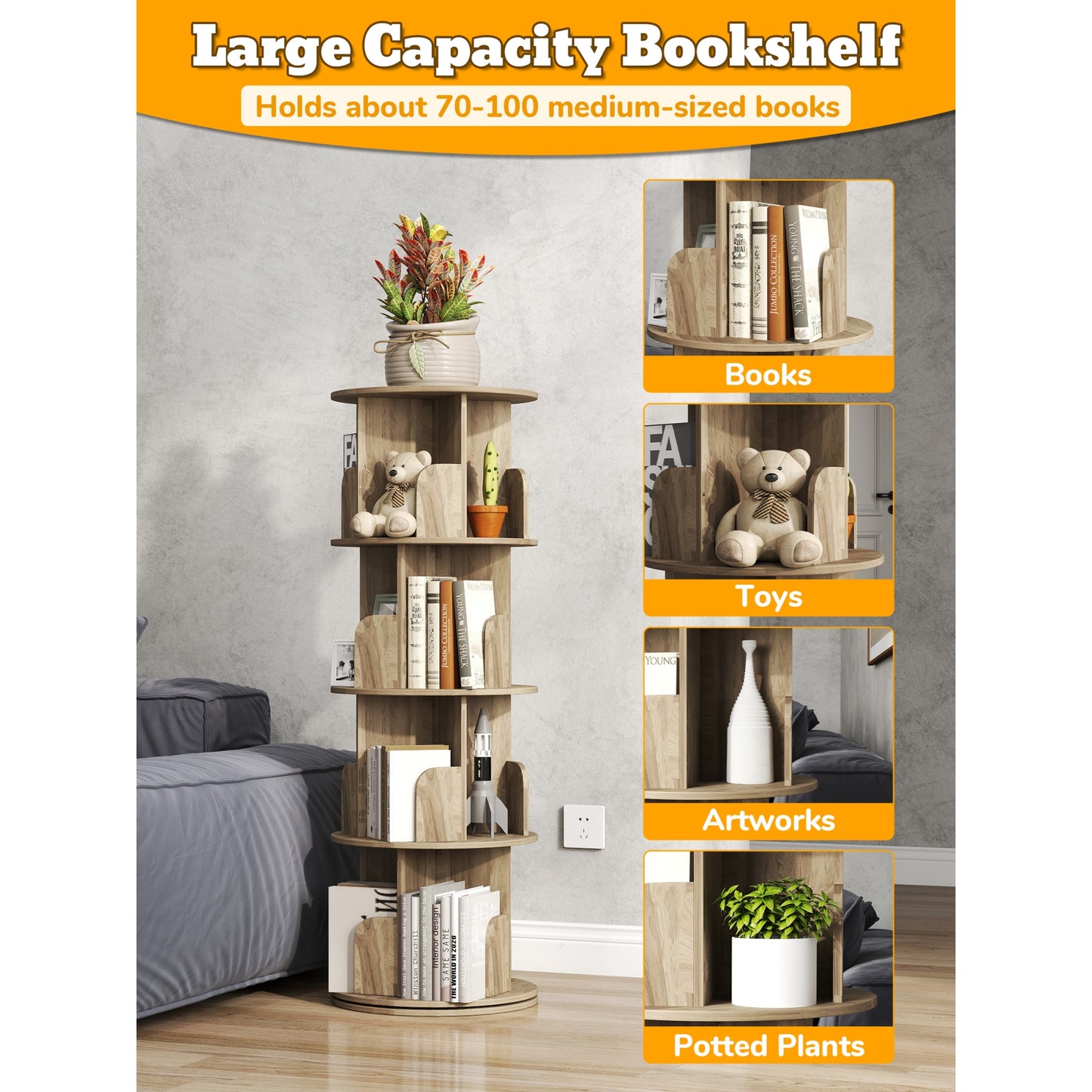 4 Tier Rotating Bookshelf, 360° Revolving Bookcase Wood Rotating Stackable Shelves Floor-Standing Storage Display Rack Used in Bedrooms Living Rooms Study Office (132.08cm x 45.72cm x 45.72cm)