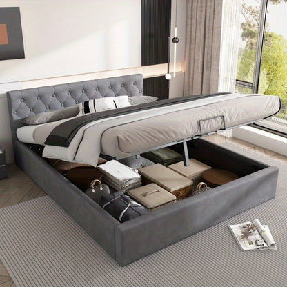 Bedframe – Tweepersoonsbed – Gestoffeerd Bed – Slaapbank – Opbergbed – Fluweel Grijs – 140x200 cm – Hydraulische Opbergruimte