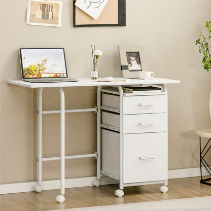 Bureau – Computertafel – Bureautafel – Schrijftafel – Werkplek – Inklapbaar – 3 Laden – Met Wieltjes – Compact – Wit – MDF Tafelblad – Metalen Frame – 105x50x75 cm
