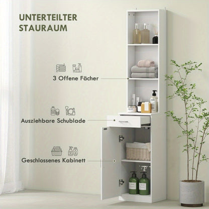Badkamerkast – Badkamermeubel – Opbergkast – Kolomkast – Wastafelonderkast – Hoog en Smal – Verstelbare Planken en Lade – 35x30,5x179 cm – Duurzaam Wit MDF