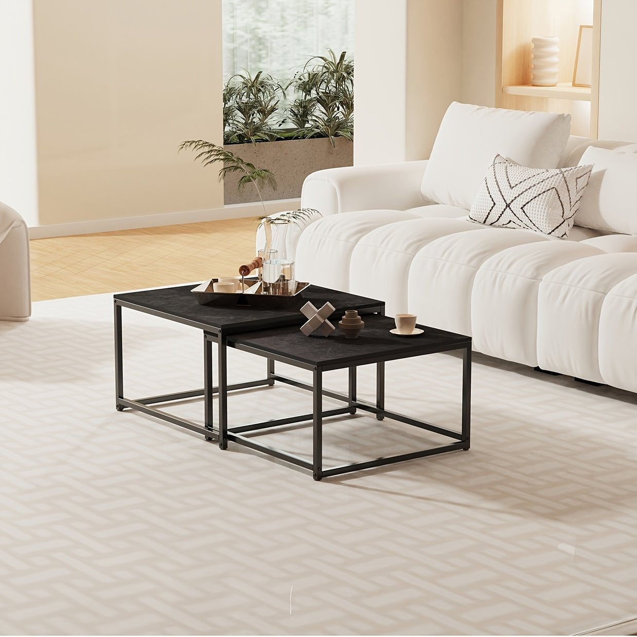 Set Of 2 Coffee Table Marble:Set Of 2 Nesting Tables Scandinavian Side Table Set For Living Room Large: 65 X 65 X 40 Cm Small: 60 X 60 X 34 Cm(Grey, White)
