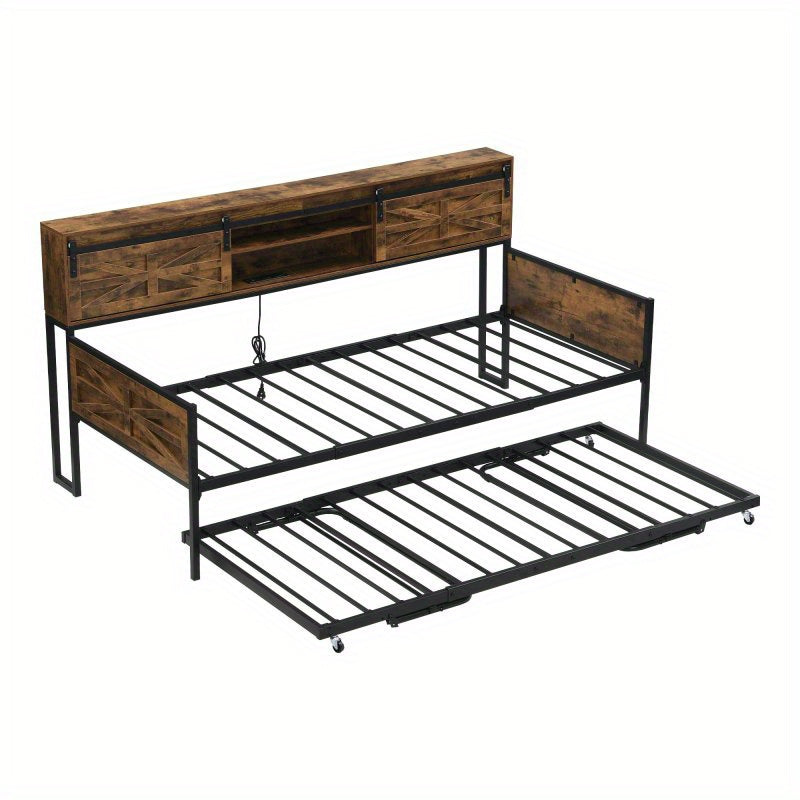 Slaapbank – Bedbank – Bankbed – Uitklapbank – 2-in-1 Sofa Bed – Zwart-Bruin – Met Opbergruimte Onder Zitting – Robuust Metaal-Hout Frame – Direct Gebruiksklaar Zonder Montage