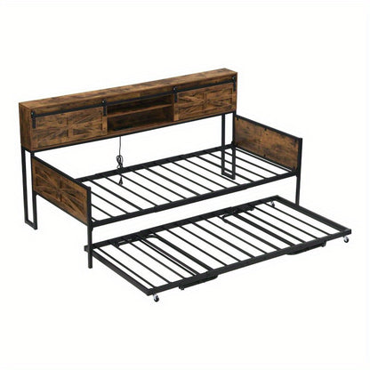 Slaapbank – Bedbank – Bankbed – Uitklapbank – 2-in-1 Sofa Bed – Zwart-Bruin – Met Opbergruimte Onder Zitting – Robuust Metaal-Hout Frame – Direct Gebruiksklaar Zonder Montage