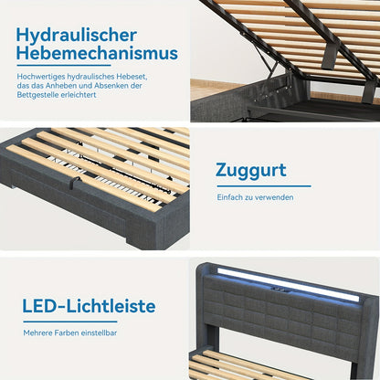 Modern Gestoffeerd Bed – Bedframe – Slaapbed – Opbergbed – Queensize Bed – Hydraulische Lift – LED-Verlichting – 140x200 cm – Grijs Linnen – MDF Frame