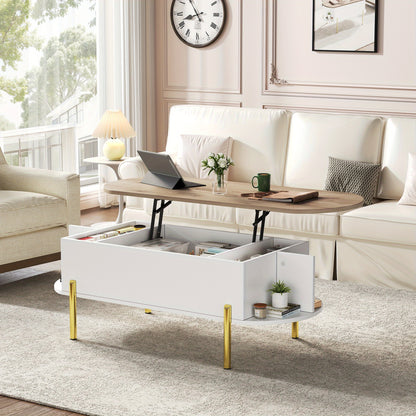 Salontafel Verstelbaar – Koffietafel – Bijzettafel – Opbergtafel – Woonkamertafel – Bamboe Materiaal – 7 Verborgen Vakken – Gouden Poten