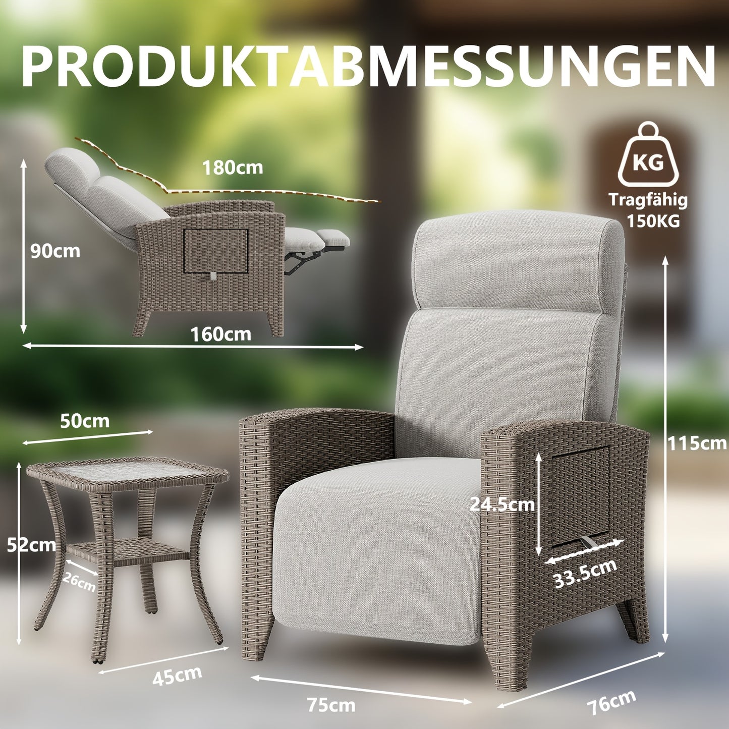 Rattan Loungebank – Tuinbank – Loungestoel – Buitenzithoek – Rattan Sofa – Diepgrijs – Verstelbare Rugleuning 160° – Extra Groot Met Bijzettafel