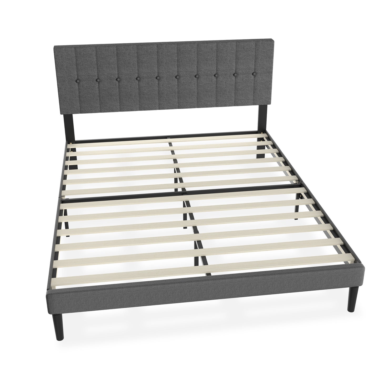 Bedframe – Metalen Bed – Logeerbed – Stalen Bed – Bedframe Linnen Hoofdbord – Donkergrijs – 160x200 cm – 300 kg Draagvermogen – 12 Lattenbodem Met Sponsrand