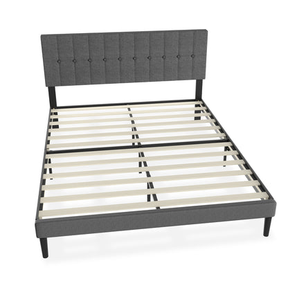 Bedframe – Metalen Bed – Logeerbed – Stalen Bed – Bedframe Linnen Hoofdbord – Donkergrijs – 160x200 cm – 300 kg Draagvermogen – 12 Lattenbodem Met Sponsrand
