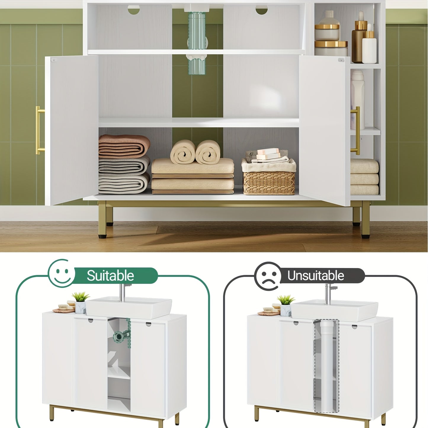 Badkamerkast – Badkamermeubel – Wastafelmeubel – Opbergkast – Toiletkast – Wit MDF Hout – Verstelbare Planken & Wisselbare Montagezijde