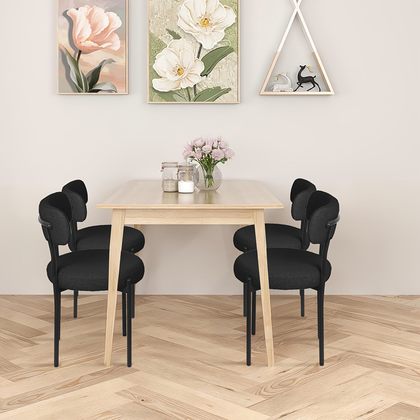 Eetkamerstoelen – Stoelen Set – Dining Stoelen – Keukenstoelen – Zwarte Bouclé Stoelen – Set Van 4 – Open Rugontwerp – Met Zwarte Metalen Pootjes