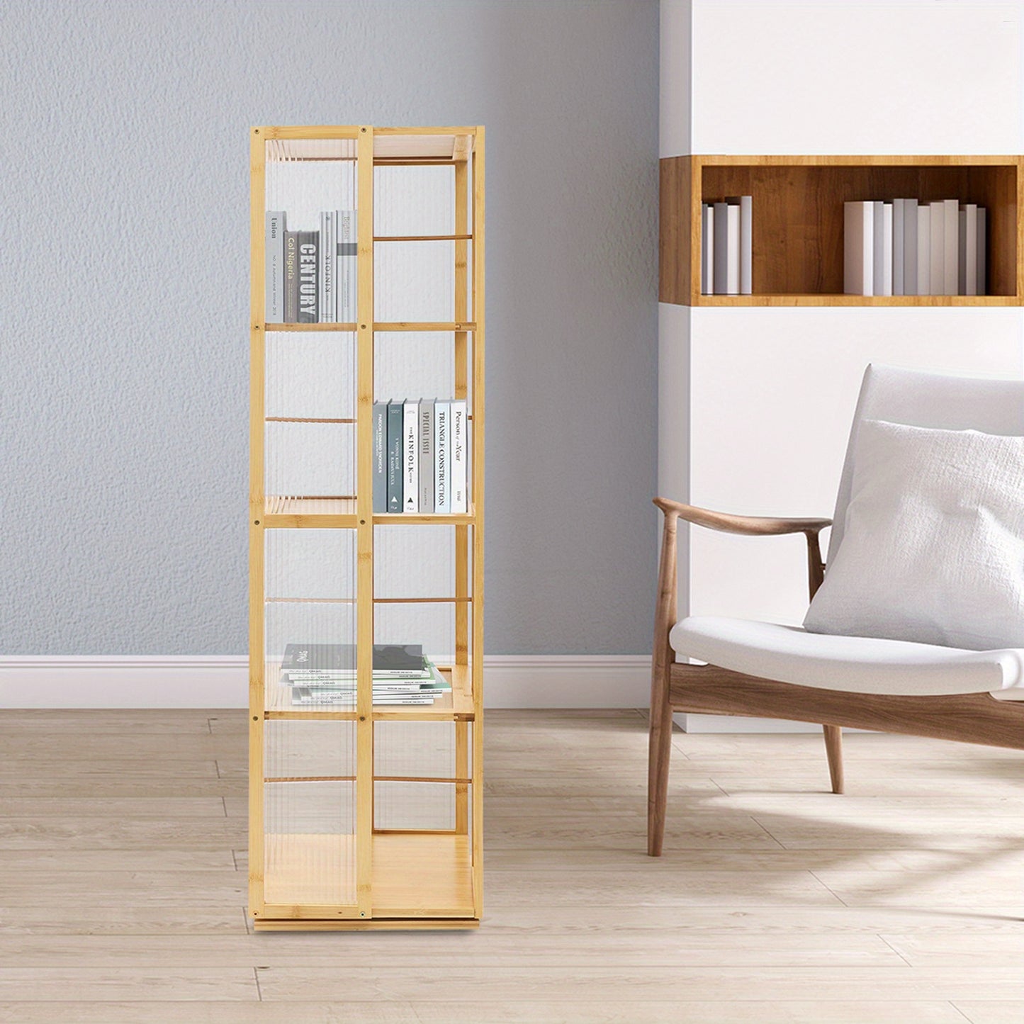 Boekenrek – Boekenplank – Boekenkast – Opbergkast – Draaibaar – 360° Draaibaar Ontwerp – Gerecycled Moso Bamboe & Acryl – Vrijstaand – 124 cm Hoog – Max 10 kg Per Plank