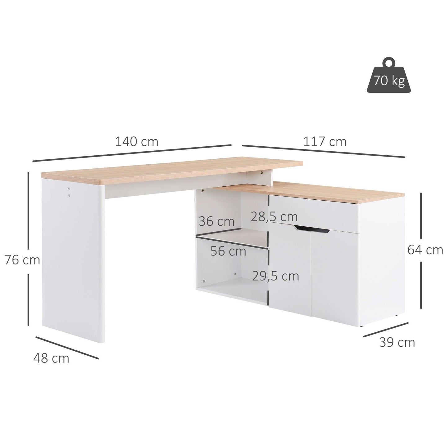 Hoekbureau – Computerbureau – Bureau – Werkplek – Bureautafel – Modulair Design – Met Lade en Kast – Wit Houtnerf – Eenvoudige Montage