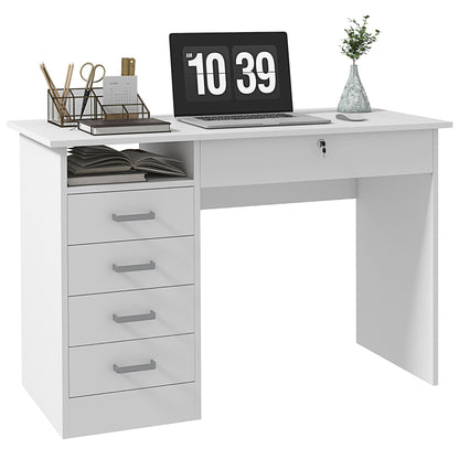 Computertafel – Computerbureau – Bureautafel – Laptoptafel – Werktafel – Wit – 110x50x76 cm – 5 Laden inclusief Afsluitbare Lade – Melamine Spaanplaat