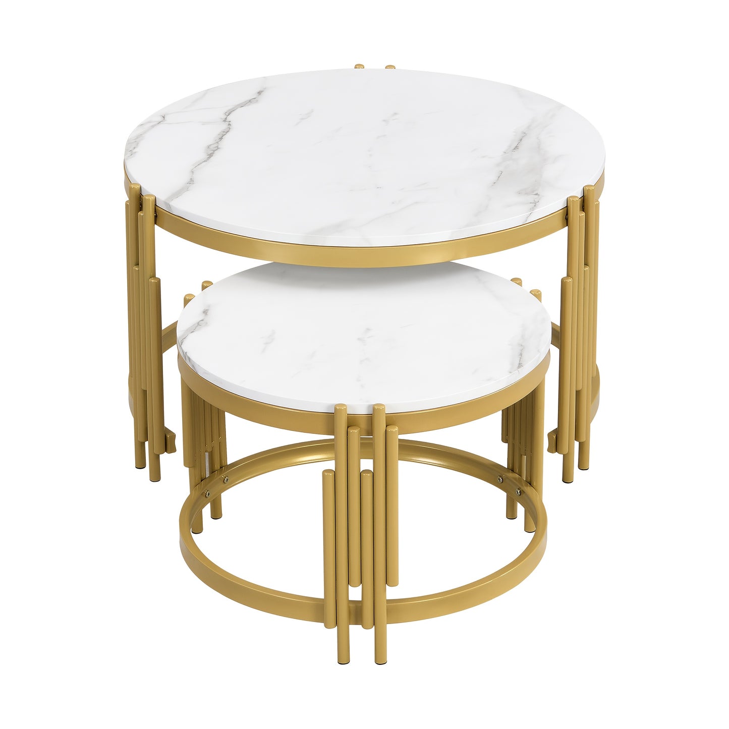 Salontafel – Koffietafel – Bijzettafel – Woonkamertafel – Tafeltje – Set van 2 Ronde Tafels – Marmerlook Blad – Goud Metalen Frame