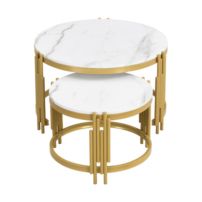 Salontafel – Koffietafel – Bijzettafel – Woonkamertafel – Tafeltje – Set van 2 Ronde Tafels – Marmerlook Blad – Goud Metalen Frame