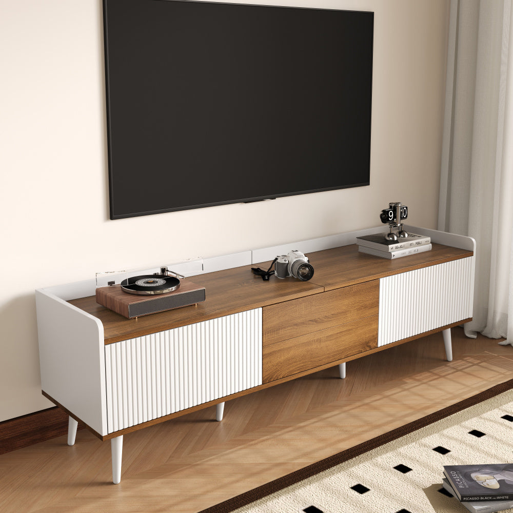 TV cabinet, TV table, TV stand, three door cabinet, compact design, white and natural wood grain finish, height 49.5cm * length 160cm * width 39cm,  Media Storage, Sleek Cabinet, Modern Design, Easy Assembly, Console Table, D