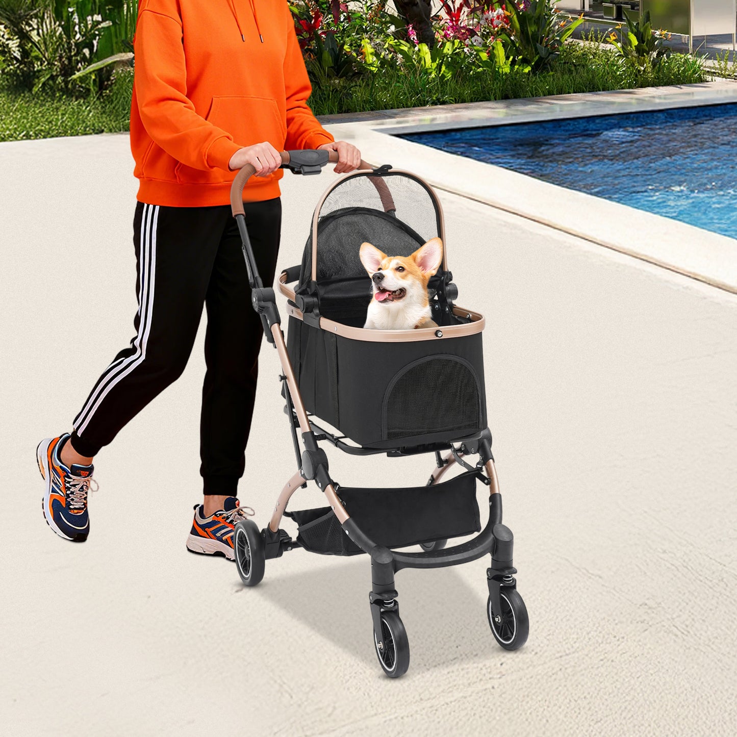 Foldable Pet Stroller | 4 Wheels, Black and Grey, Alloy Steel Frame, Nylon, for Dogs and Cats - NaMaSyo