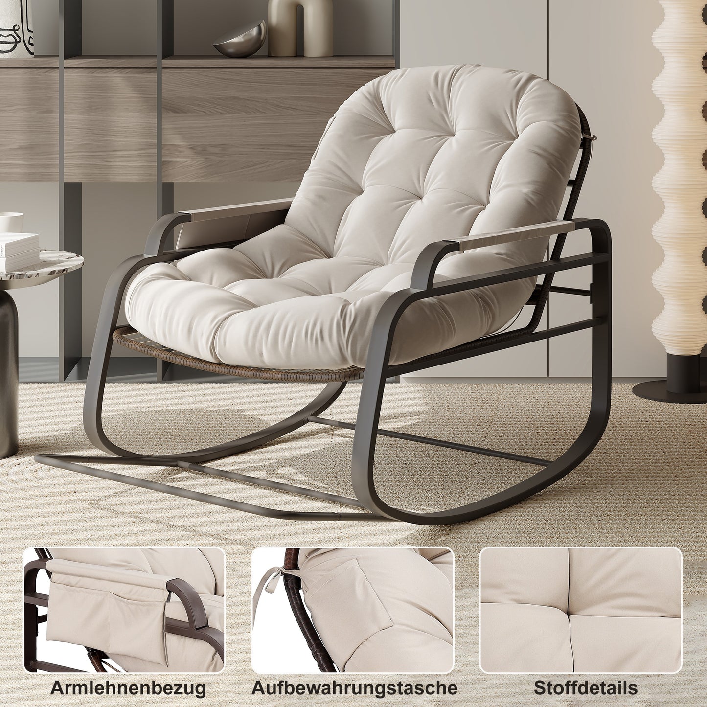 Rocking Chair, Lounge Chair, Nursing Chair, Rattan Rocking Chair, Suitable for Garden, Living Room, Yard, Terrace, and Balcony (Beige, 89.5 x 94.5 x 93.5 cm)
