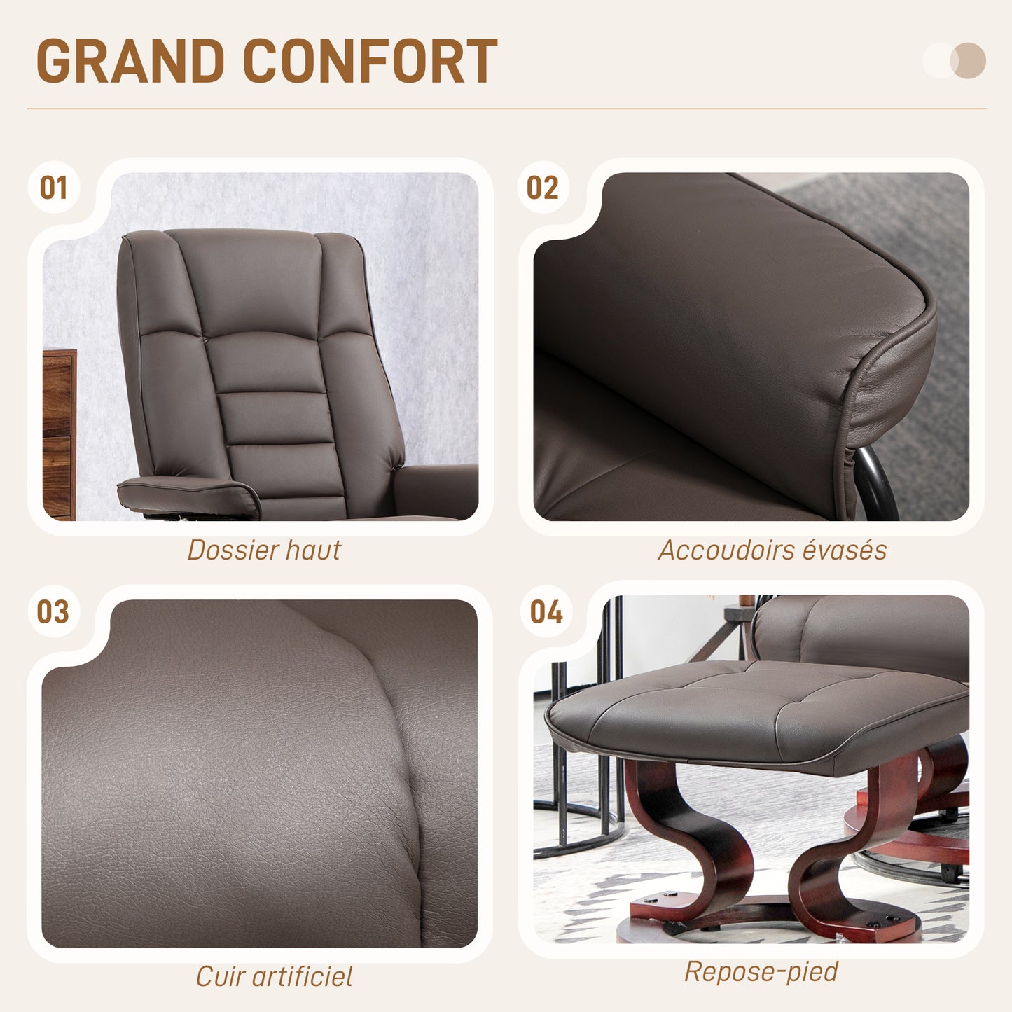 Relaxstoel – Fauteuil – Loungestoel – Draaifauteuil – Relaxfauteuil – 360° Draaibaar – Handmatig Verstelbare Rugleuning – Houten Frame – Kunstleer Bekleding – Bruin – 76x85x104 cm