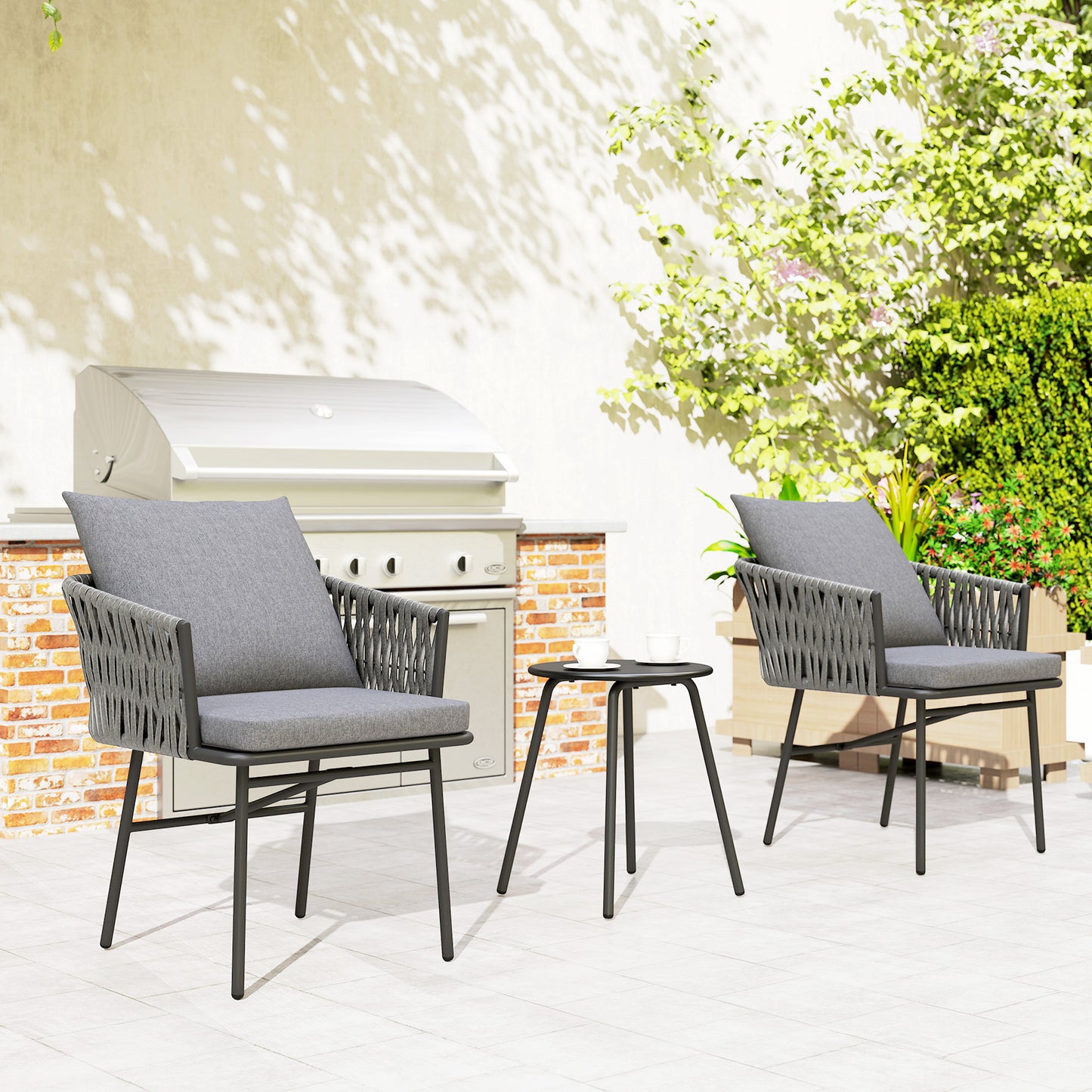 3-delig Tuinset – Balkonset – Bistroset – Terrasset – Loungeset – Kunstrotan – Stalen Frame – Metalen Tafelblad – Waterafstotende Kussens – Compact Design Grijs