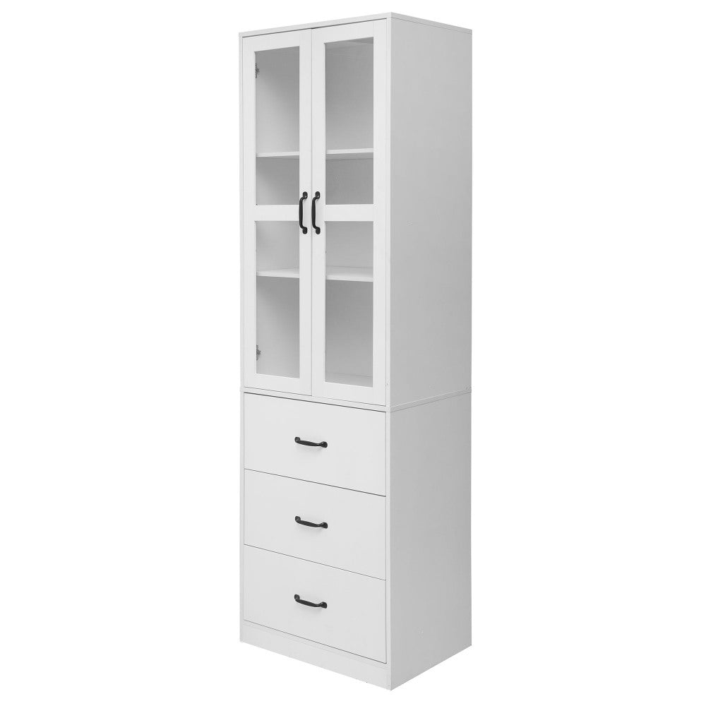 Vitrinekast – Glazen Kast – Opbergkast – Wandvitrine – Standkast – Wit – 200 cm Hoog – 3 Lades & Verstelbare Planken