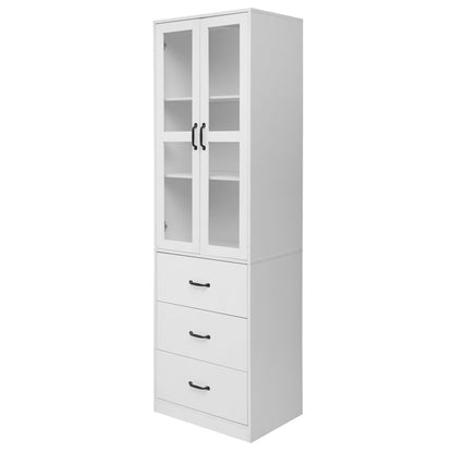 Vitrinekast – Glazen Kast – Opbergkast – Wandvitrine – Standkast – Wit – 200 cm Hoog – 3 Lades & Verstelbare Planken