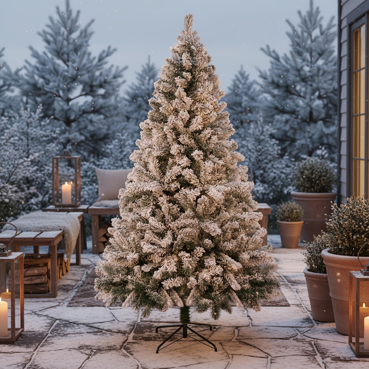 Kunstkerstboom – Kunstboom – Kerstboom Met Sneeuwvlokken – Nepspar – Flocked Kerstboom – 210 cm Hoog – Duurzaam PVC Met Inklapbare Metalen Stand