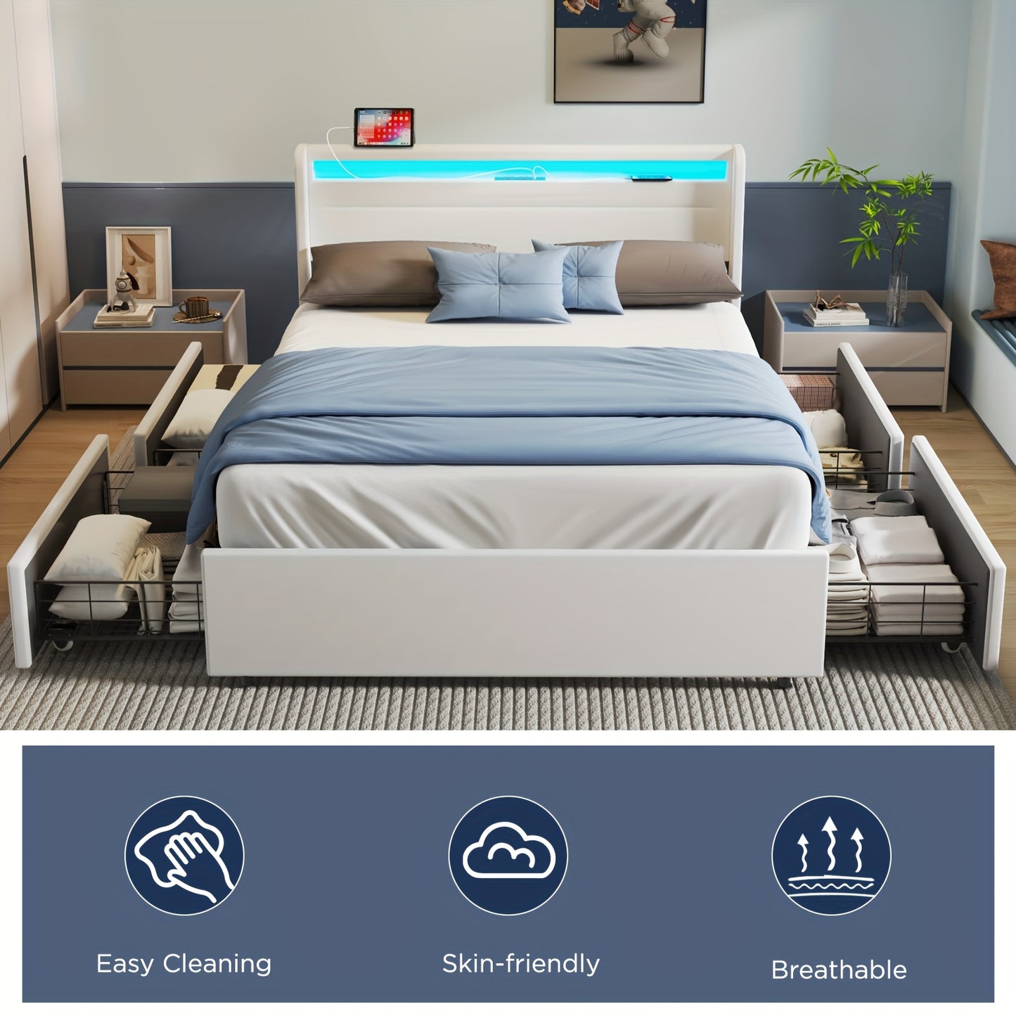 Bed – Tweepersoonsbed – Boxspring – Opbergbed – Ledikant – 160x200 cm – Met 4 Lades – USB Hoofdeinde