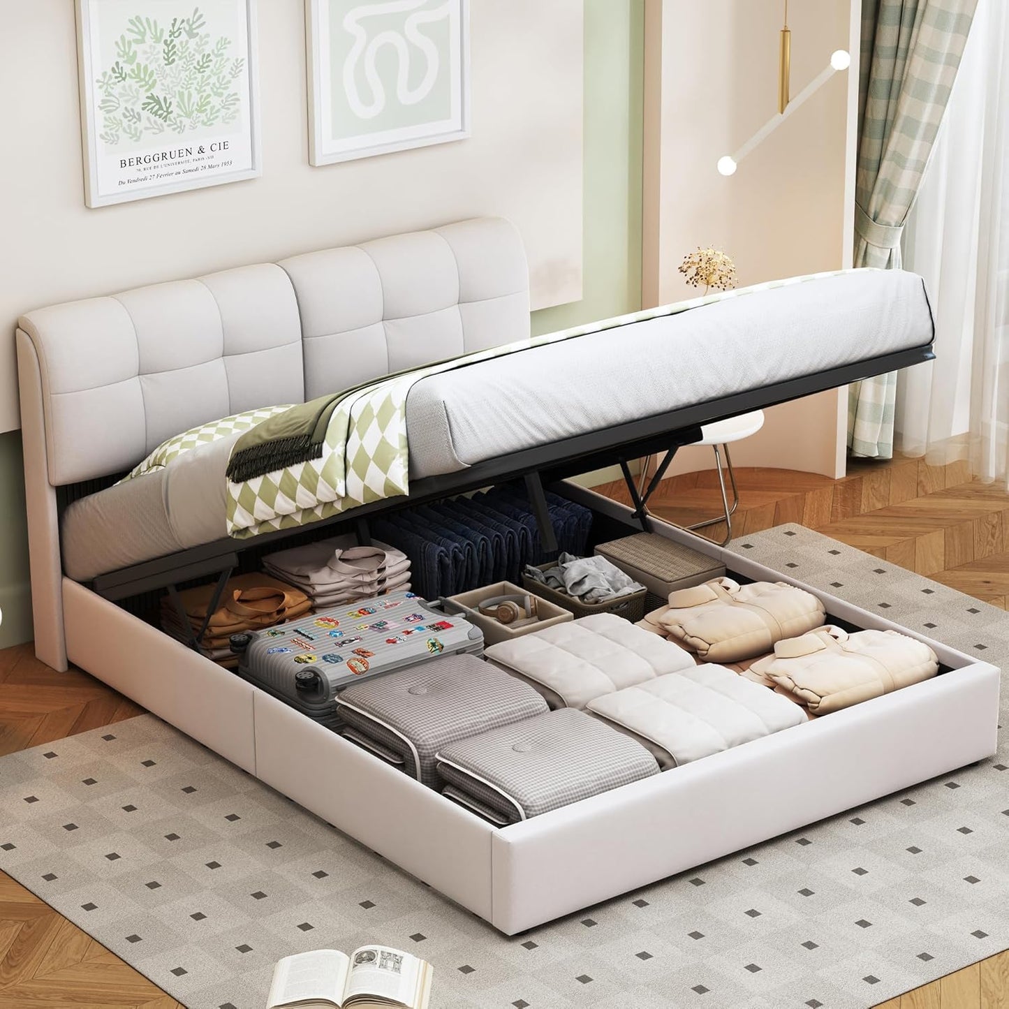 YCZ Storage Bed, Bed Frame with Slats, LED Double Bed, Bed Frame, Headboard, Velvet Fabric, Modern Style, Beige And White (Beige And White)