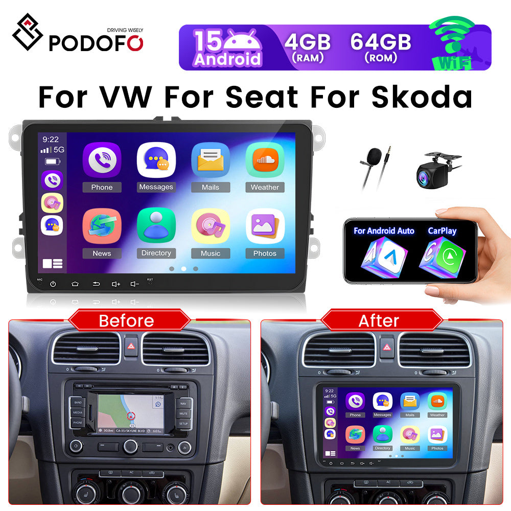 Autoradio 9 inch – Touchscreen Auto Stereo – Navigatie Systeem – Achteruitrijcamera – Draadloos CarPlay Android Auto – 4G Verbinding – 64GB Opslag – GPS Navigatie – Met Microfoon