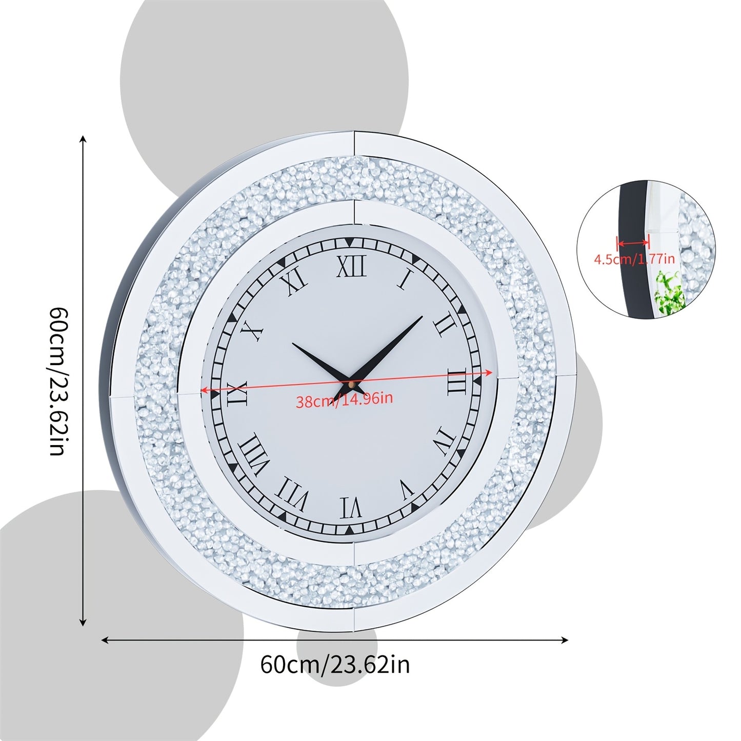 60cm Round Mirror Clock Crushed Sparkling Crystal Diamond Mirrored Wall Clock for Home Office Glam Room Decor 1pc