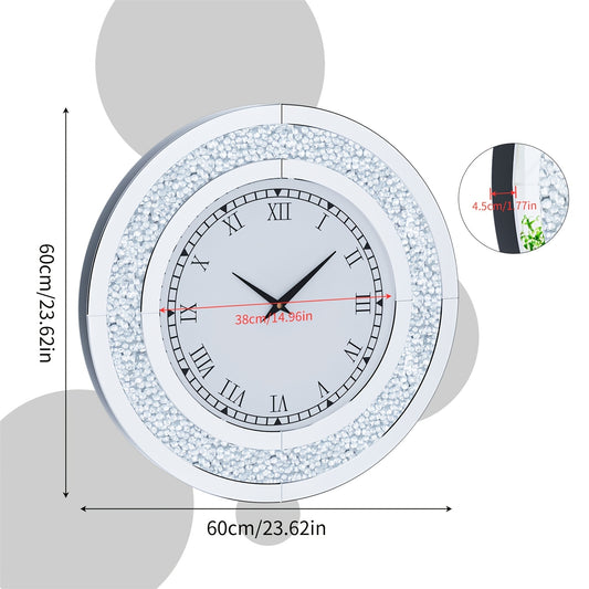 60cm Round Mirror Clock Crushed Sparkling Crystal Diamond Mirrored Wall Clock for Home Office Glam Room Decor 1pc