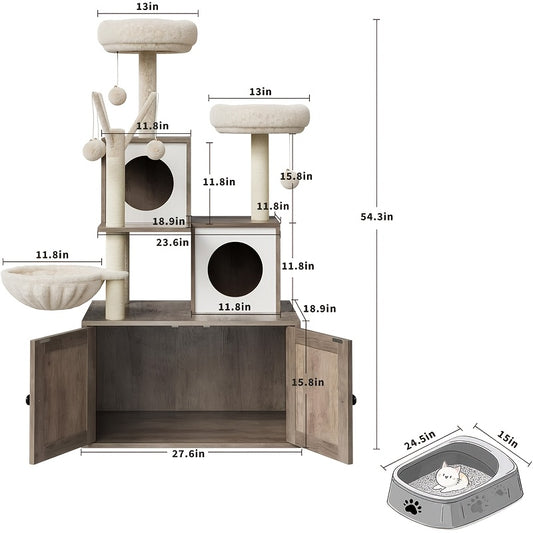 3-in-1 Cat Tree Tower with Hidden Litter Box - Multi-Level Cat Furniture House with Sisal Scratching Post, Plush Perch, Ladder & Enclosed Toilet - Space-Saving Wood Cat Tree for Cats (Compatible with Litter)