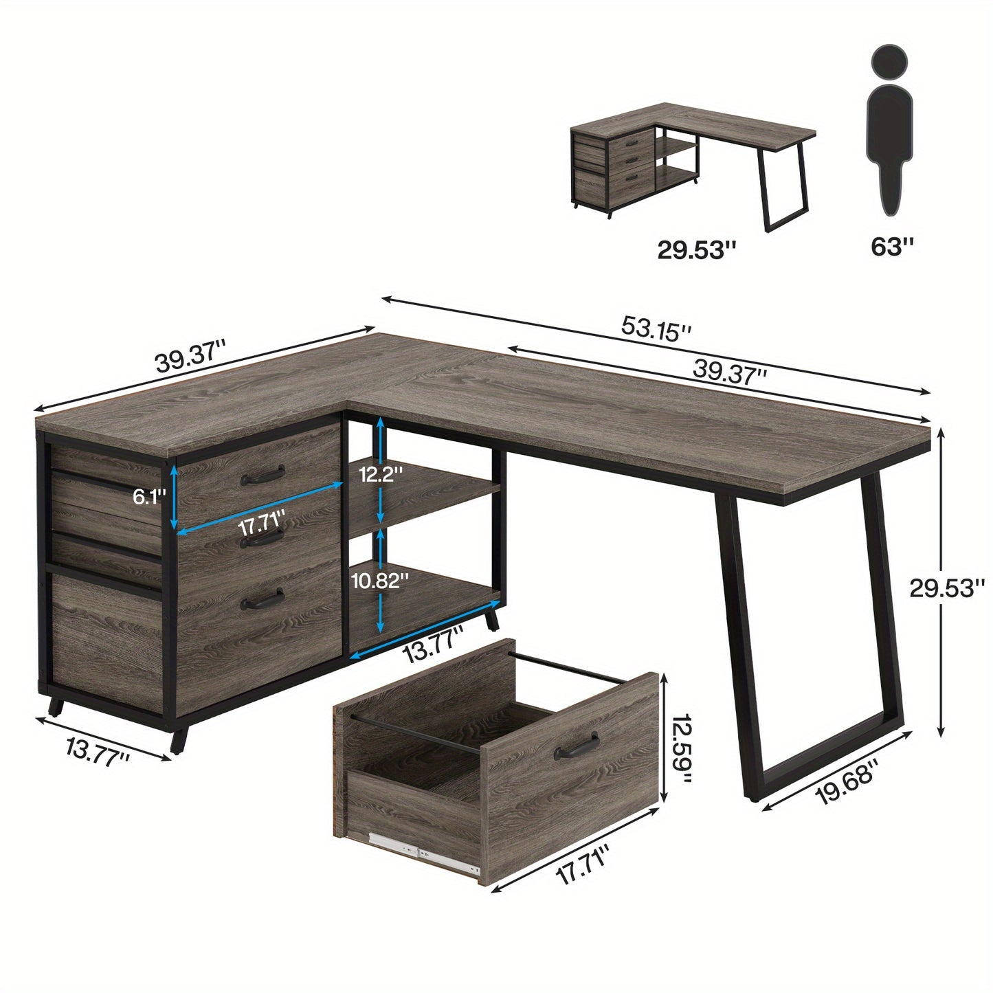 Hoekbureau – L-vormig Bureau – Computerbureau – Bureau Bureau – Thuiswerkbureau – 3 Laden – Reversibel Ontwerp – Industrieel Grijs – 135x100 cm
