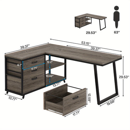 L-Shaped Corner Desk Suitable for Home Office - Reversible Computer Desk with 3-Drawer Storage & 2-Tier Shelves, Space-Saving Wide Workstation Table, Assembly, Engineered Wood