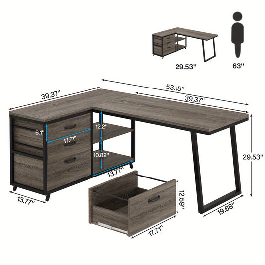 L-Shaped Corner Desk Suitable for Home Office - Reversible Computer Desk with 3-Drawer Storage & 2-Tier Shelves, Space-Saving Wide Workstation Table, Assembly, Engineered Wood