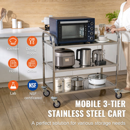 3-laags RVS Opberghulpwagen – Opbergwagen – Werkplaatskar – Servicetrolley – Transportkar – Roestvrij Staal – Draagvermogen 204 kg – Verstelbare Planken & Geruisloze Zwenkwielen