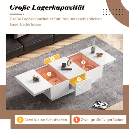 Salontafel – Coffee Table – Woonkamertafel – Tafeltje – Tafel met Opbergruimte – Wit Met Schuiffunctie – 2 Verborgen Vakken & 2 Lades – 100x55x35 cm – Modern Design