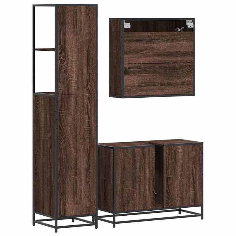 badkamermeubelset – badmeubelset – wastafelmeubel – badkamerkast – spiegelkast – bruin eikenlook – 3-delige set – hardhout & glas