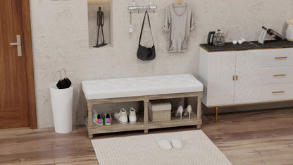 Schoenenbankje – Schoenenrek – Opbergbankje – Zitbankje – Halmeubel – Beige Linnen Bekleding – Massief Rubberhout – Comfortabel Zitten – 2-laags Opbergruimte 115 cm