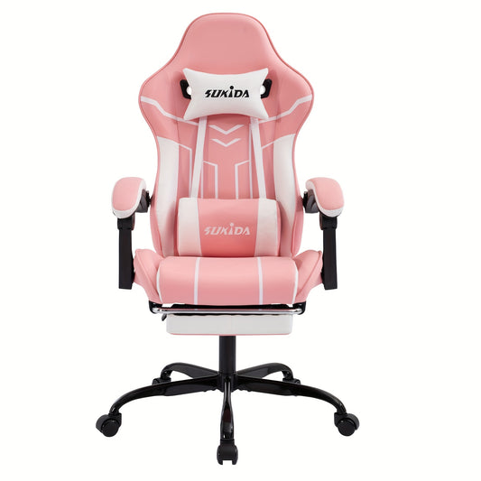 Gamingstoel – Gamestoel – Bureaustoel – Gaming Chair – Game Stoel – Met Voetensteun en Brede Zitting – Ergonomisch 135° Kantelbaar – Verstelbare Hoogte & Stille Wieltjes