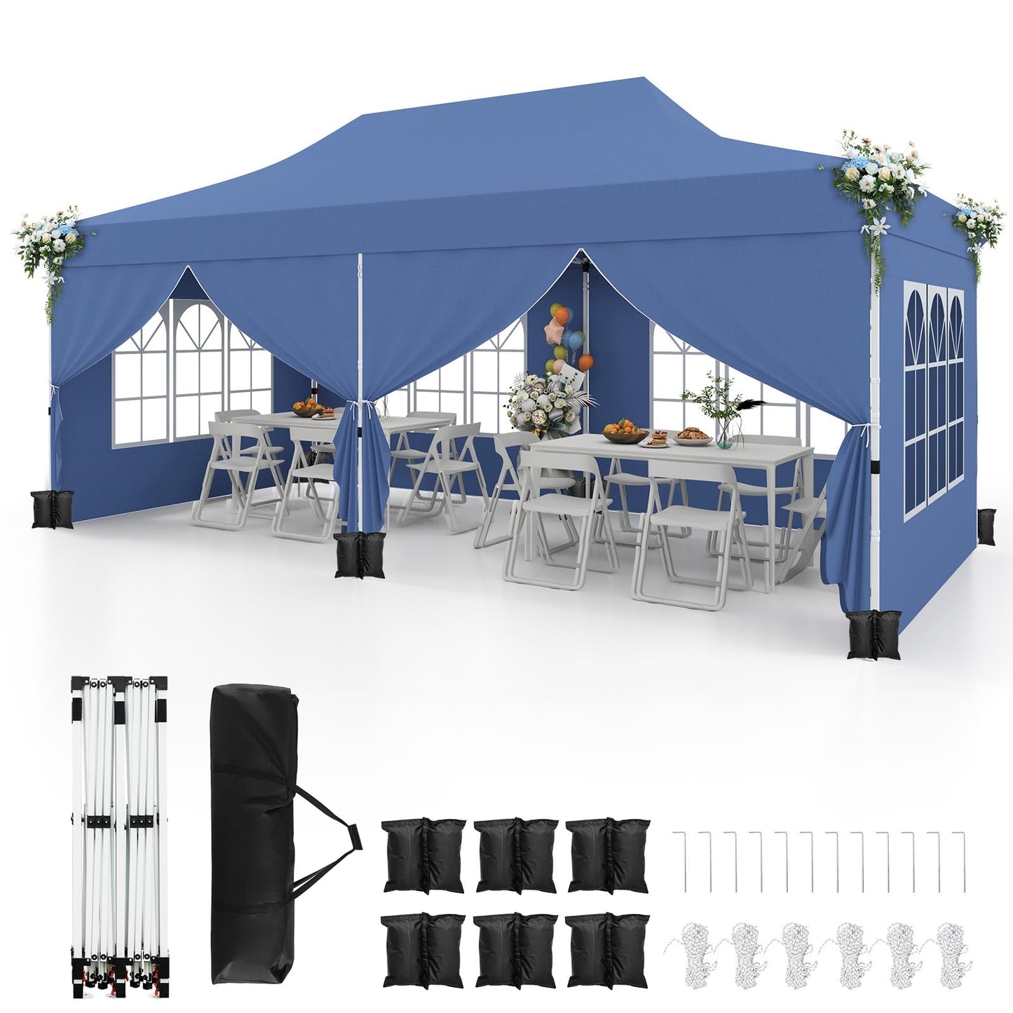 Paviljoen – Tuinpaviljoen – Partytent – Tenten – Overkapping – 3 x 6 Meter – Waterdicht Met UV Bescherming 50+ – Met 6 Zijwanden en Zandzakken – Blauw