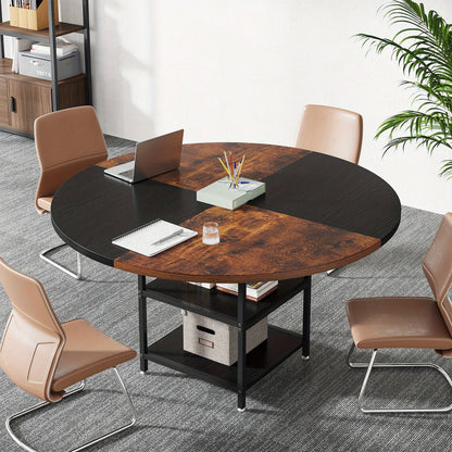 Vergadertafel – Conferentietafel – Bureautafel – Trainingszaaltafel – Kantoortafel – Ronde 120 cm – Engineered Wood Met Opbergruimte – Stevige Metalen Poten – Zwart Bruin Modern Design