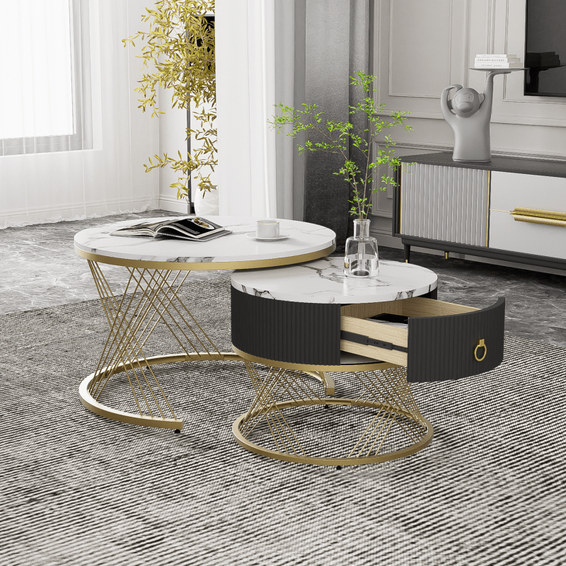 Salontafel – Koffietafel – Bijzettafel – Tafeltje – Woonkamertafel – Wit MDF Met Gouden Accenten – 2-Delige Set Met Lade En Verstelbare Pootjes